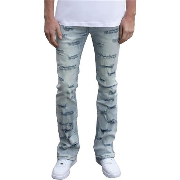 New w Tags Men's Ripped Bootcut Jeans Slim Fit Bell Bottom Ripped Flared Denim - Picture 1 of 6